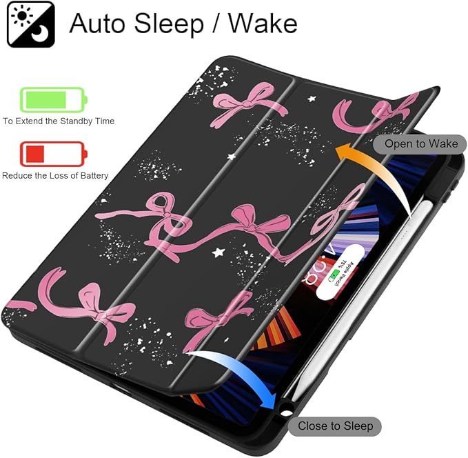 Tuiklol for iPad Pro 12.9 Inch 6th/5th/4th/3rd Generation 2022 2021 2020 2018 Case,Built-in Pencil Holder Clear Transparent Protective Back Shell Cover with Auto Sleep/Wake, Bow-Black