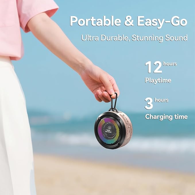 Shower Speaker, Certified IPX7 Waterproof, Mini Bluetooth Wireless Small Speaker with Lights, Suction Cup and Mic for Bathroom, Crystal Sound&Bass,12H Playtime, Ideal Electronic Gift(Pink)