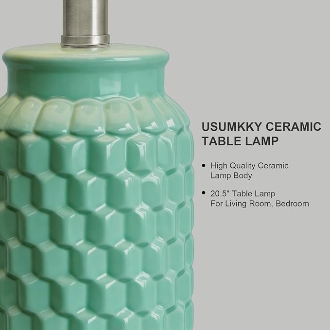 USumkky 20.5" Ceramic Table Lamps Set of 2 - Modern Farmhouse & Boho Style, Bedside Nightstand Lamps for Bedroom, Living Room End Table Lamps, Small Desk Lamp(Tiffany Blue)