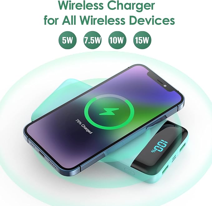 Wireless Portable Charger 30,800mAh,15W Wireless Charging USB C Power Bank,25W PD QC 4.0 Fast Charging 4 Outputs Travel Essentials Battery Pack Compatible with iPhone 17/16/15/14,Galaxy,Android-Green