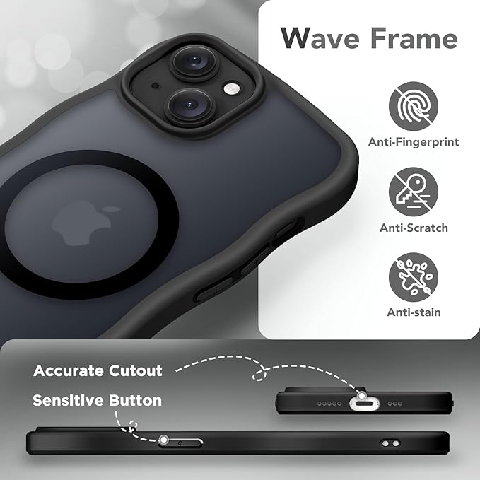 CAPRARO Cute for iPhone 13 Case & iPhone 14 Case, Compatible with MagSafe, [Curly Wave Edge] [Camera Protection] [14 FT Drop Protection] Magnetic for iPhone 13/14 6.1 Inch, Black