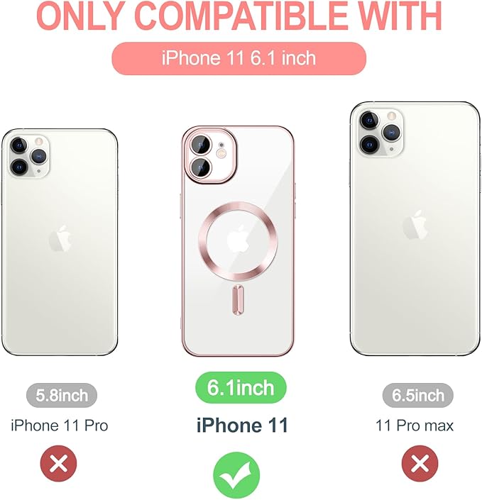 Hython Magnetic Clear for iPhone 11 Case with Camera Lens Protector [Compatible with MagSafe] Luxury Plating Edge Slim Soft TPU Cover Protective Phone Case for iPhone 11 6.1", Pink