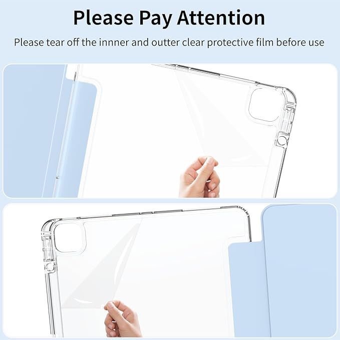 Clear Case for iPad Pro 12.9 inch 6th/5th/4th/3rd Gen with Pencil Holder [Support Pencil Charging] Auto Wake/Sleep, Lightweight Shockproof Trifold Stand Transparent Hard PC Back Cover, Blue