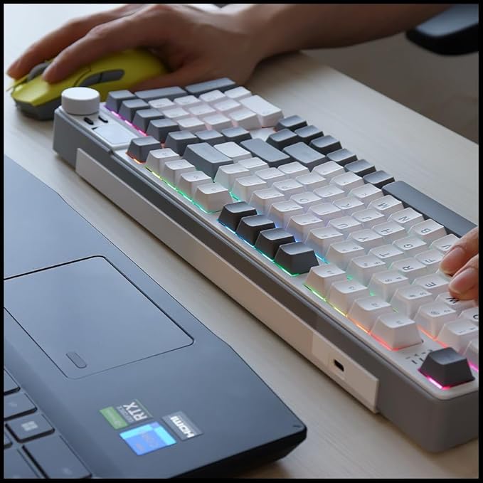 iRocks K85R Wireless RGB Backlit Mechanical Gaming Keyboard with LCD Display, Hot-Swappable Pre-lubed Brown Switches, 98 PBT Keys, USB-C Detachable Cable (ICY White, Bubble Switch)