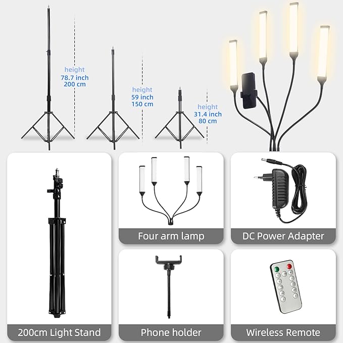 Esthetician Light Tattoo Lash Make up Light for Video Recording, Dimmable Four Arms LED Floor Lamp for Lash Techs, Estheticians & Tattoo Artists with Tripod Stand&Phone Holder