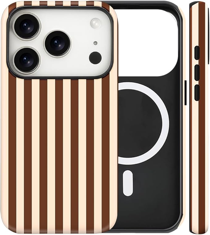 Magnetic for iPhone 17 Pro Case Cute Stripes Phone Case, Shockproof Slim TPU and Hard PC Protective Phone Cover Compatible with MagSafe Designed for Women Girls, Brown