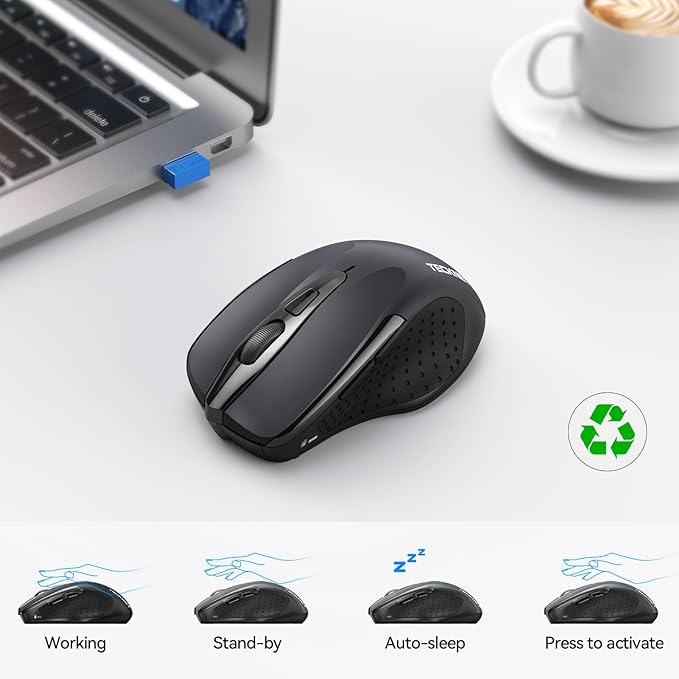 TECKNET Wireless Mouse (2.4G & BT5.0/3.0) Silent 4800 DPI Computer USB A & Bluetooth Mouse 6 Buttons, Wide Compatibility - Grey