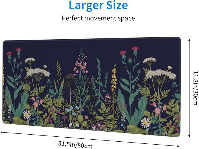 Flower Extended Gaming Mouse Pad Abstract Black Desk Mat 31.5x11.8 Inch Floral Texture Non-Slip Rubber Base Weeds Mousepad Stitched Edges Keyboard Mouse Mat Desk Pad for Office Home Game
