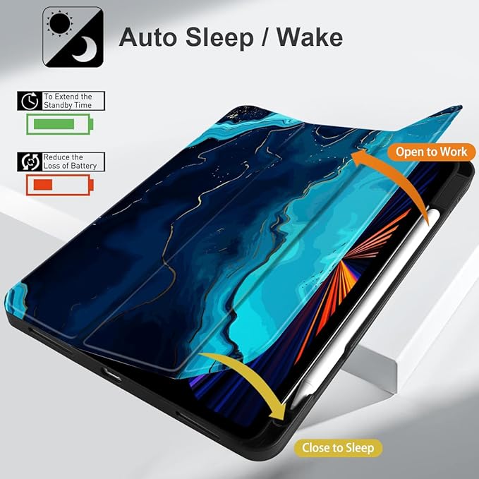 DONGKE Case for 2022/2021/2020/2018 iPad Pro 11 inch Gen 4/3/2/1 - Slim Protective Case - Built in Pencil Holder Support Charging - Trifold Stand & Sleep/Wake Cover - Blue Marble