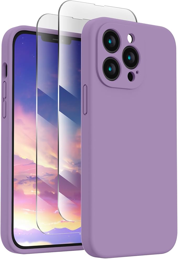 FireNova Designed for iPhone 13 Pro Max Case, Silicone [Camera Protection] Phone Case with [2 Screen Protectors], Soft Anti-Scratch Microfiber Lining Inside, 6.7 inch, Light Purple
