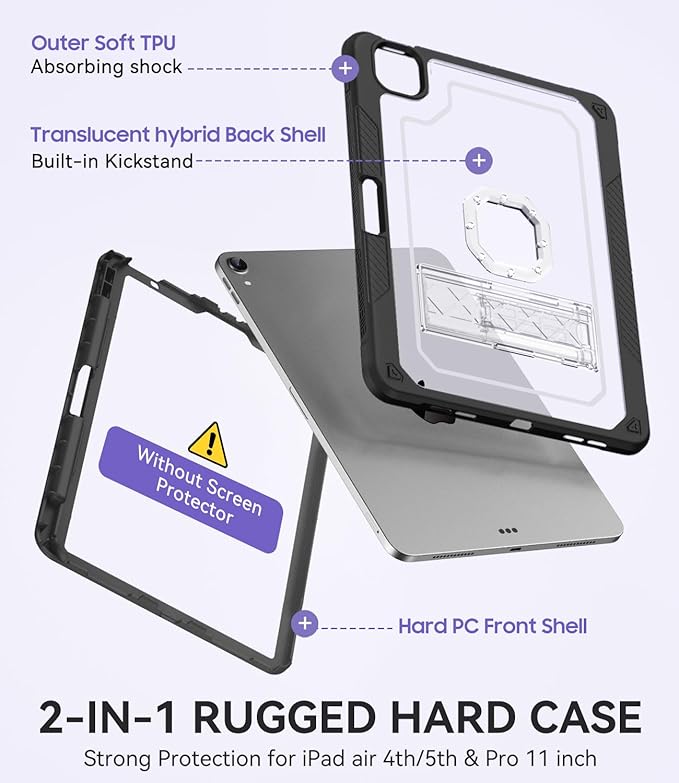 ZoneFoker Case for iPad Air 5th/ 4th Generation Case (2022/2020) 10.9'', for iPad Pro 11 Inch (4th/3rd/2nd/1st Gen), Hard Sturdy Slim Cover for iPad Air 5 4 th with Pencil Holder/Stand, Black