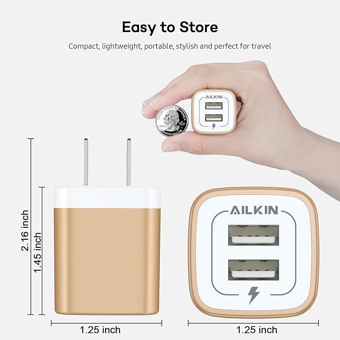 USB Wall Charger, Charger Block, AILKIN 2.1A Multiport Fast Charge Power Brick Cube Plug Box Base Adapter for iPad, iPhone, iPod, Samsung Galaxy, Huawei, HTC, LG, or Other Cell Phone Smart Devices