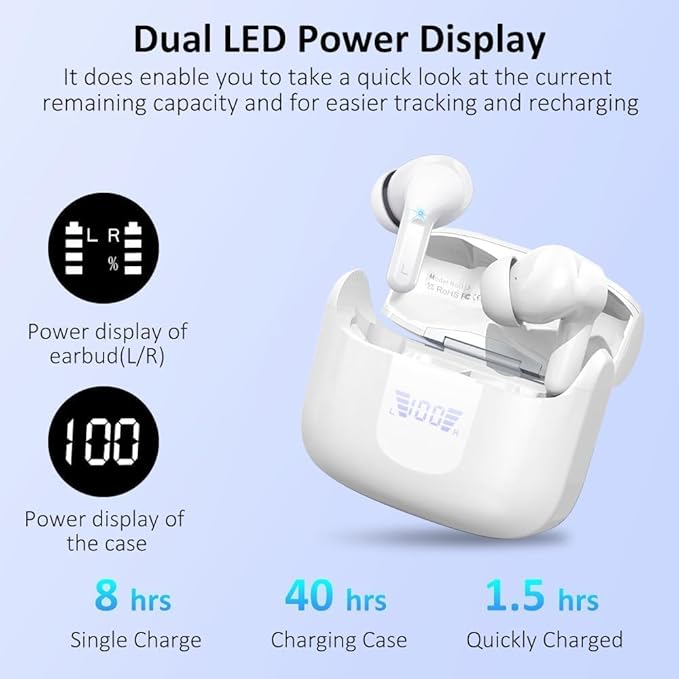Wireless Earbuds, 2026 Bluetooth 5.4 Headphones NEW Ear Buds 40H Bass Stereo in-Ear Earphones ENC Noise Cancelling Earbuds with 4 HD Mic, USB-C LED Display IP7 Waterproof Sport Headset for Android iOS