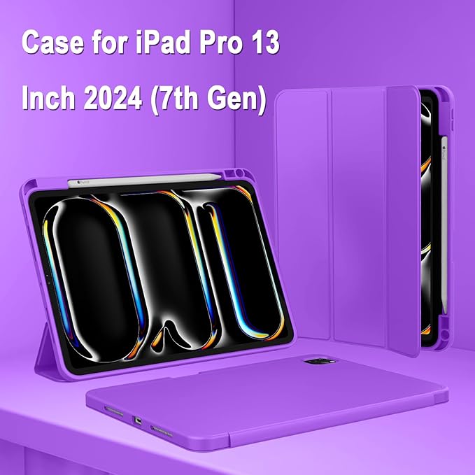ZryXal New iPad Pro 13 Inch Case (M5) 2025 / (M4) 2024 with Pencil Holder, Smart iPad Case [Support Pencil Pro and Pencil (USB-C)], Support Touch ID and Auto Wake/Sleep (Grape Purple)