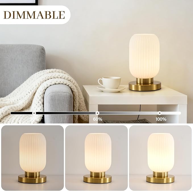 Glass Mid Century Table Lamp: 5.9" Milk White Ribbed Small Nightstand Bedside Vintage Desk Lamps - Cute Cozy Ambient Bedroom Night Lamp with Dimmable Plug in Cord - Modern e26 Grass Entryway Mcm Lamps