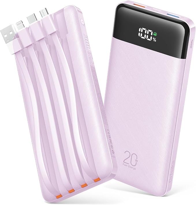 Orfeika 20000mAh Power Bank Fast Charging, Portable Charger with 4 Built-in Cables & 6 Outputs, 20W PD USB C Battery Pack Compatible with iPhone 16/15, Galaxy, Android, iPad & More (Travel Essential)