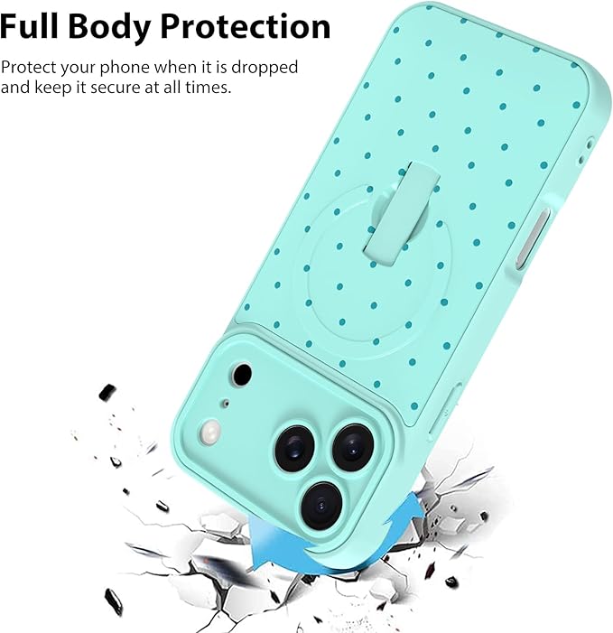 KANGHAR Compatible with iPhone 17 Pro Case, Support for MagSafe, Silicone Spot Cute Pattern, Wristband Kickstand Camera Protection Shockproof Soft Slim Cover for Girls Women, Blue