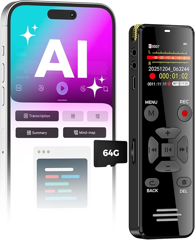 64GB AI Digital Voice Recorder with Playback: AI Transcribe & Summarize Note Taker, Voice Activated Recorder for Meetings & Lectures, 113 Languages Portable Recording Device, OTG Connection