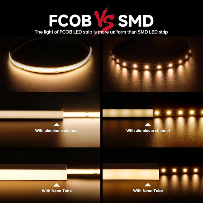 BTF-LIGHTING FCOB COB LED Strip 528LED/m Flexible High Density Uniform Light 14W/m 16.4FT DC24V Warm White 2700K CRI 90+ 10mm Width for Home Indoor Decoration(No Adapter or Controller)