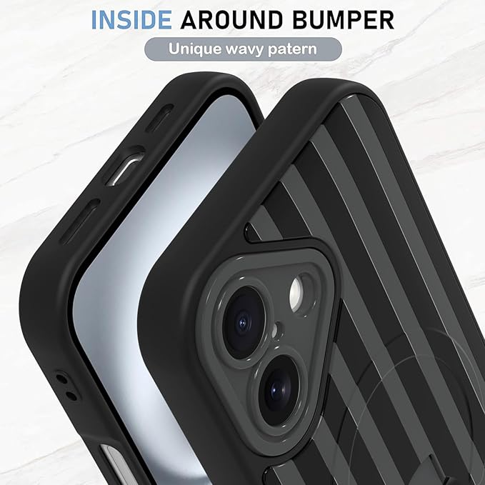 KANGHAR Compatible with iPhone 16 Case, Support for MagSafe, Silicone Stripes Cute Pattern, Wristband Kickstand Camera Protection Soft Slim Cover for Girls Women -Black