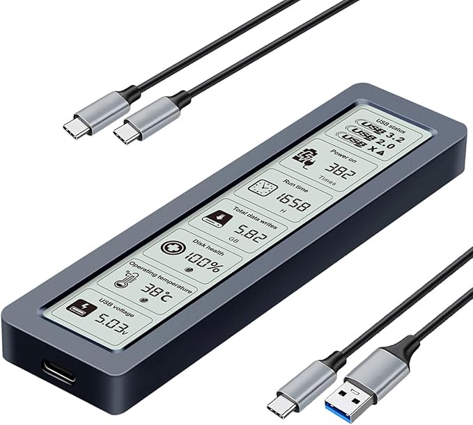 Smart M.2 NVMe SSD Enclosure, Large LCD, Intelligent Detection, Prevents Write Data Loss, USB 3.2, Type-C (10 Gbps), fits NVMe PCIe Size 2230/2242/2260/2280, Support M-Key B+M Key (up to 4TB)