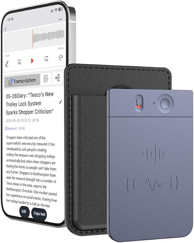 AI Voice Recorder Note Taking Device App Control Transcription Summarization 112 Languages Grabadora de Voz for Lectures Meetings Calls 64GB Memory Magnetic Case (Blue)