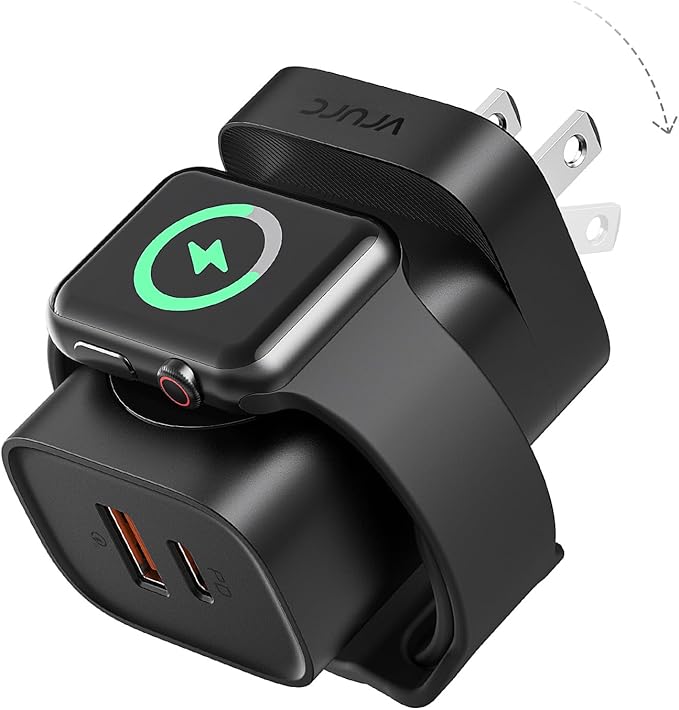 VRURC Fast Charger for iPhone, PD 20W USB C Wall Charger Dual Ports, 3-in-1 Foldable Charging Block Built in Magnetic Watch Charger Station for Apple Watch Ultra/10/9/8/7/6/5/4-Black