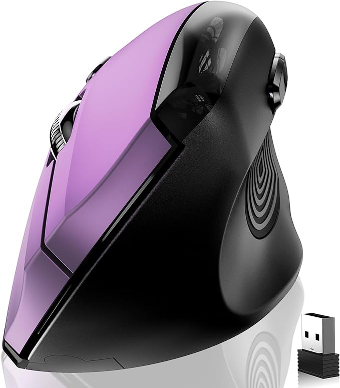 memzuoix Ergonomic Wireless Mouse, 2.4G Optical Cordless, 800/1200/1600 DPI, Vertical Computer Mouse for Laptop, Mac, PC, Desktop (Right Hand, Large) - Purple