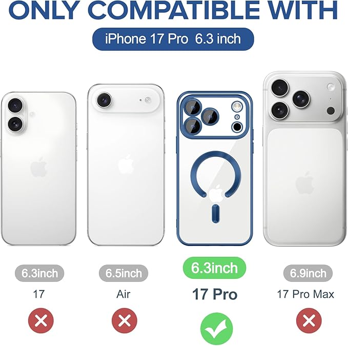 Hython Magnetic Clear for iPhone 17 Pro Case with Camera Lens Protector [Compatible with MagSafe] Luxury Plating Edge Slim Soft TPU Cover Protective Phone Case for iPhone 17 Pro 6.3", Matte Deep Blue