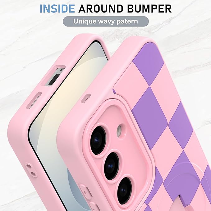 KANGHAR Compatible with Samsung Galaxy S25 Case, Support for MagSafe, Silicone Checkered Cute Pattern, Wristband Kickstand Camera Protection Soft Slim Cover for Girls Women -Pink