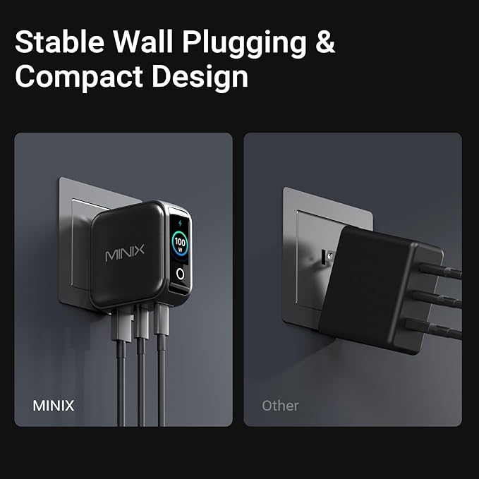MINIX 100W USB C Charger, 3 Port GaN Charger with Smart Display and Touch Control, Powerful 100W Fast Charging for MacBook pro, iPhone 17/16 Series, Galaxy, Pixel, Laptop, and More. (NEO P3 Pro)