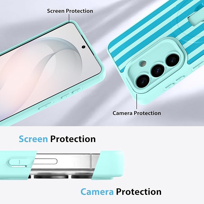 KANGHAR Compatible with Samsung Galaxy S26 Case, Support for MagSafe, Silicone Stripes Cute Pattern, Wristband Kickstand Camera Protection Soft Slim Cover for Girls Women -Blue