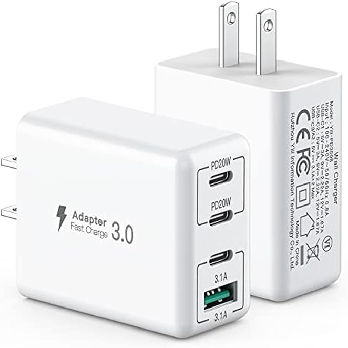 [2 Pack] 40W USB C Charger, 4-Port USB C Charger Block Fast Charging Block PD+QC Wall Plug Type C Charging Plug Compatible with iPhone 11/12/13/14/15/Pro Max/Smartphones/Tablet and Other USB Devices