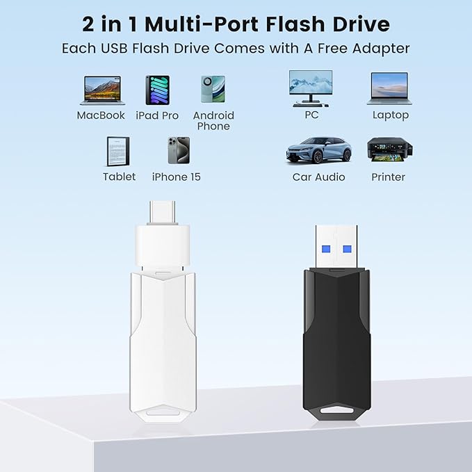 64GB Flash Drives 2 Pack Wooolken USB 3.0 Thumb Drives with USB C Adapters and Lanyards,Memory Sticks for Data Storage