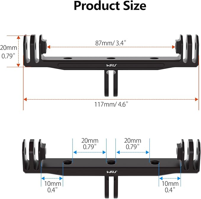HSU Aluminum Dual Twin Mount Adapter (Extension) for GoPro Hero 13/12/11/10/9/8/7/6/5/4 DJI Osmo Action AKASO Campark and Other Action Cameras