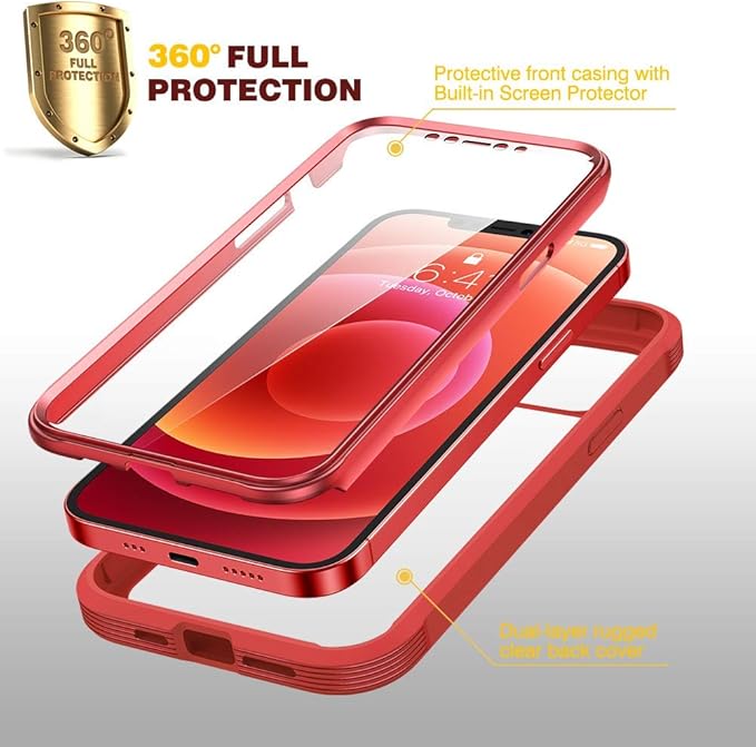Diaclara Designed for iPhone 12/12 Pro Case, Full Body Rugged with Built-in Touch Sensitive Anti-Scratch Screen Protector, Soft TPU Bumper Case for iPhone 12/12 Pro 6.1" (Red and Clear)