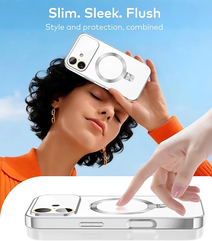 TOBOVON Magnetic for iPhone 17 Case with Ring Stand, Fits MagSafe, with Built-in Camera Lens Protector, Slim Electroplated Shockproof Phone Cover, Silver