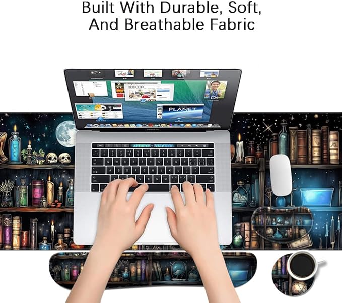 MIBITRI Keyboard Mouse Pad Set, Extended Gaming Mouse Pad+Ergonomics Keyboard Wrist Rest Support, Memory Foam, Easy Typing Pain Relief, 4Pcs XXL Ultra Thick Desk Mat, Enchanted Bookshelf