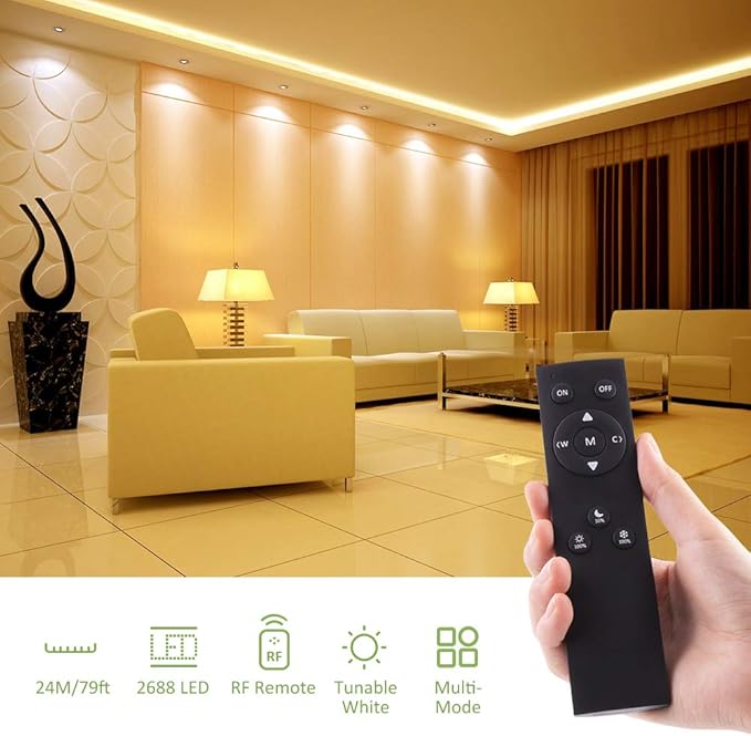 NOVOSTELLA 79ft(2rolls) Tunable White LED Strip Light Kit 2688LEDs Dimmable 3000K-6500K 24V Flexible Tape Remote Ribbon for Stage Bedroom Party Kitchen Stair Living Room Ceiling Daylight Warm White