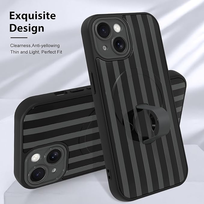 KANGHAR Compatible with iPhone 15 Case, Support for MagSafe, Silicone Stripes Cute Pattern, Wristband Kickstand Camera Protection Soft Slim Cover for Girls Women -Black