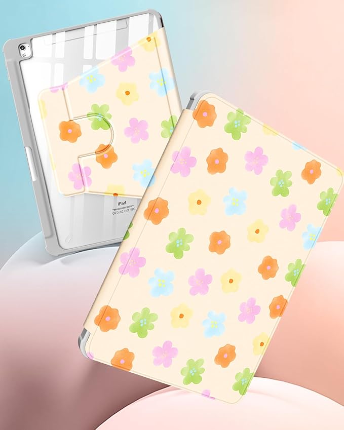 Uppuppy for iPad 9th/8th/7th Generation Case for iPad Air 3rd/ Pro 10.5” Case - 360 Rotating Stand Folio Smart Cover with Pencil Holder for Women, Colorful Flower for Apple Tablet 7/8/9 Gen 10.2 inch