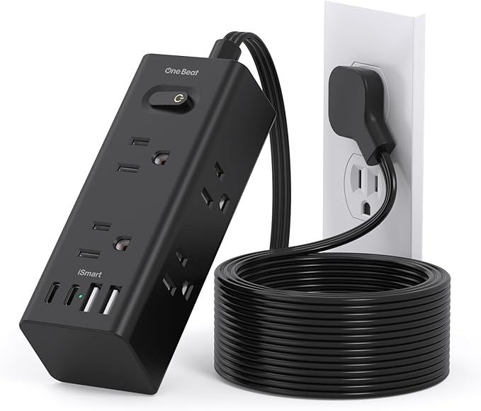 10Ft Extension Cord with Multiple Outlets, Flat Plug Power Strip Surge Protector with 10 Ft Long Cord, 6 Outlet 3 USB Ports (1 USB C), Multi Outlet Wall Plug for Travel, Dorm Room Essentials-Black
