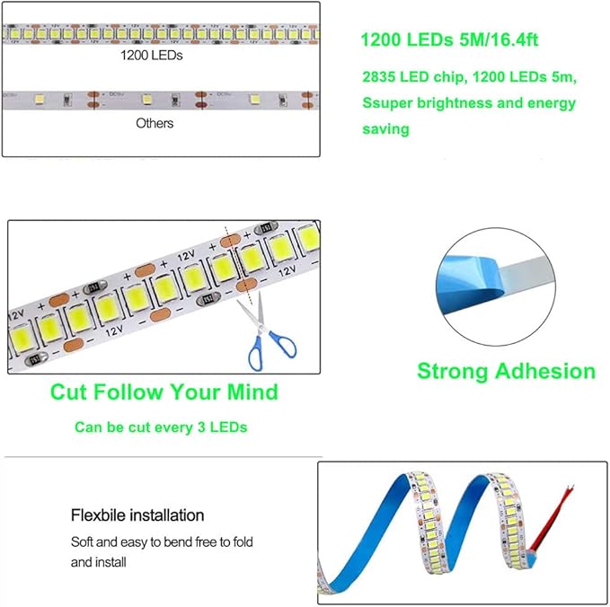 SUYOOULIN LED Strip Lights, SMD 2835 LED Strip, DC12V 1200LEDs 16.4Ft 26000LM High Density LED Light Strips Waterproof IP65, 3 Times Brightness Than SMD3528 LED Strip, Natural White 4500K
