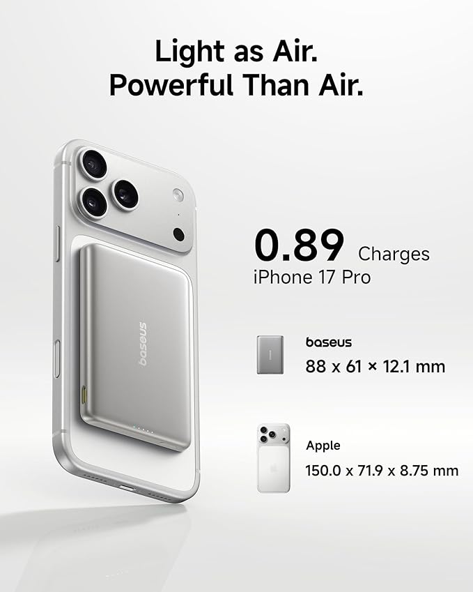 Baseus Picogo Power Bank, Smallest 5,000mAh Magnetic Wireless Charger with USB-C Braided Cable, Fast Charging Portable Battery Pack, NTC Safety Alloy Travel Essential for iPhone 7 Pro Max/17 Air/17e