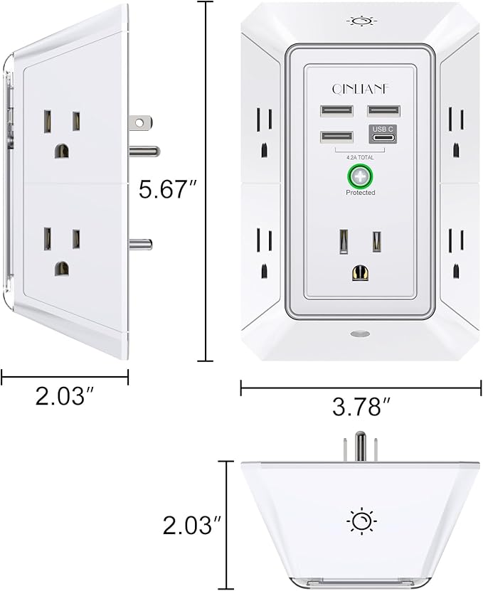 3-Sided Outlet Extender with Night Light - QINLIANF Multi Plug Outlet with 5 Outlets and 4 USB Ports(1 USB-C), USB Wall Charger for Home, Office, Travel, ETL Listed, White