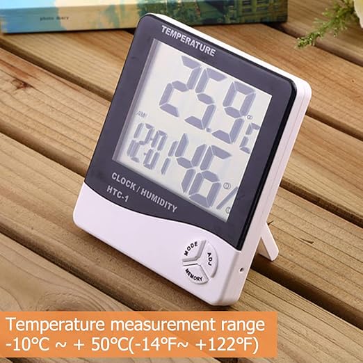 Temperature Humidity Meter,LCD Electronic Digital Outdoor/Indoor Thermometer Hygrometer with Clock Time Humidity Monitor for Home,Bedroom,Pet,Reptile,Plant,Greenhouse,Basement,Guitar (HTC-1)