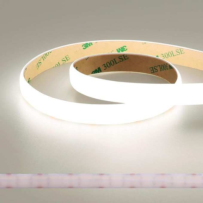 JOYLIT 24V Diffused COB LED Strip Lights Dual Row 16.4FT 560LEDs/M 5000K Daylight White Waterproof, CE UL Professional 640LM/FT Super Bright Dotless Dimmable Adhesive LED Tape 12MM Wide 24W/M CRI 92