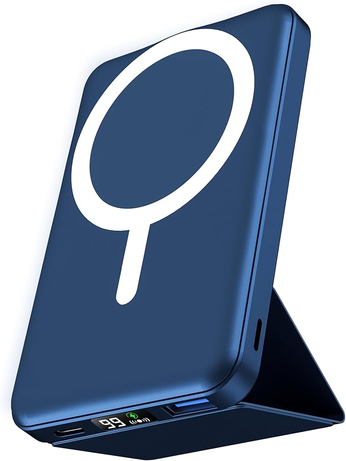podoru for Magsafe Battery Pack, Foldable 10000mAh Magnetic Power Bank with USB-C Cable LED Display 22.5W PD Fast Charging Wireless Portable Charger for iPhone 17/16/15/14/13/12 Series-Navy Blue