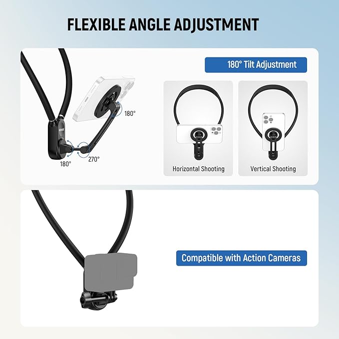 NEEWER Magnetic Neck Holder for Action Camera & Phone, Hands Free Neck Mount with Chest Strap Compatible with GoPro DJI Insta360 iPhone, Neck Phone Holder for POV Vlog Video Recording, GP26