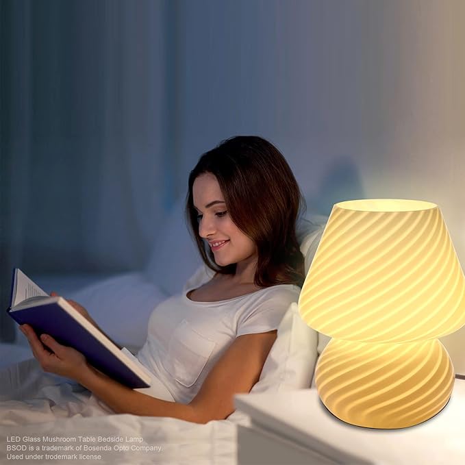 BSOD Mushroom Lamp,Vintage Glass Mushroom Bedside Table Lamps Yellow Murano Style Small Nightstand Desklamp Swirl Light for Home Decor, Dining, Living, Bedroom, Gift (Bright Yellow)